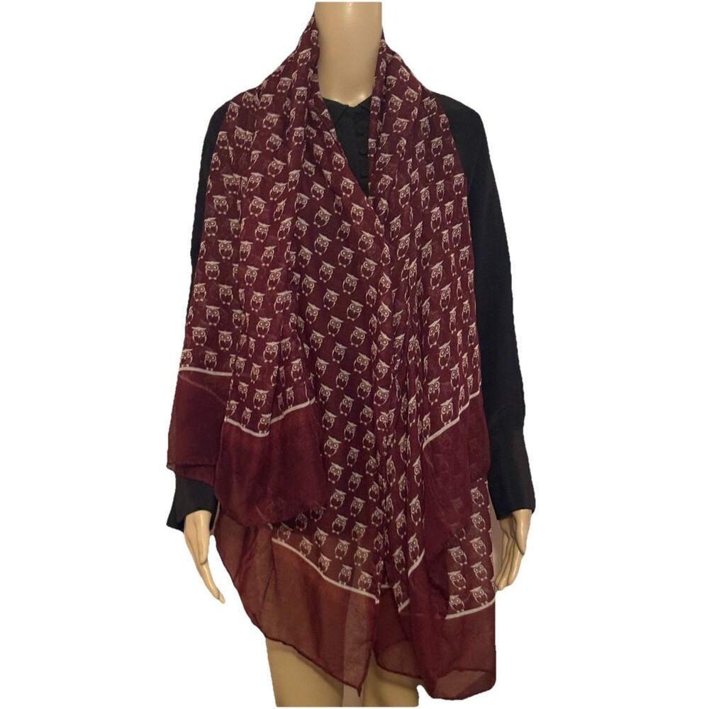 Vintage Owl Print Long Scarf for Women Lightweight Maroon 71" X 38"